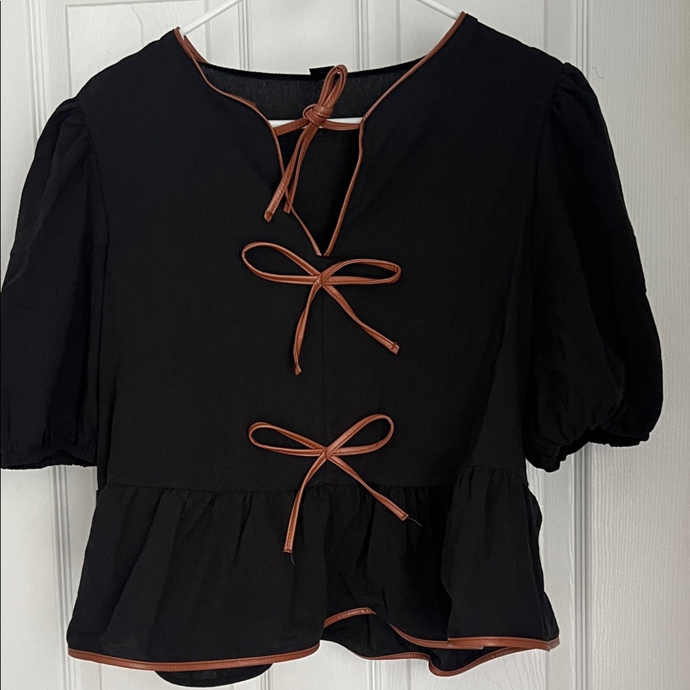 SHEIN Black Blouse with Brown Trim